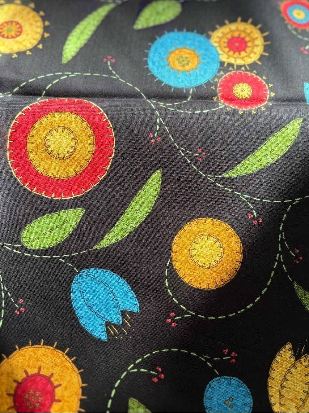 Benartex Floral Fancies Floral Folk Art Fabric Black Multi- 1 yard